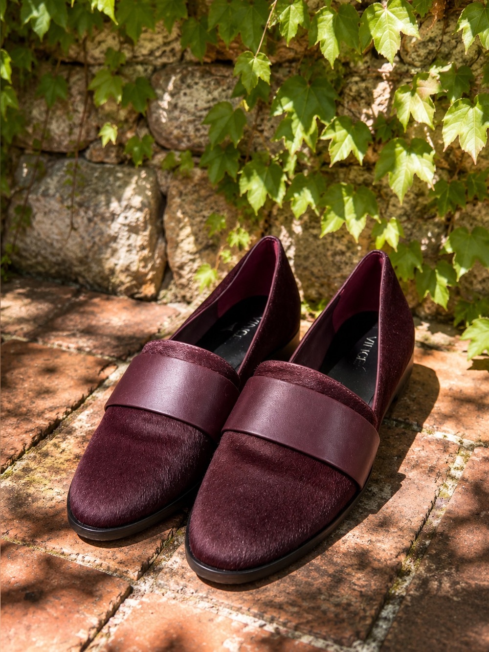 VINCE. Quiet Luxury Minimalist Mason Eggplant Leather and Calf Hair Flats, 6M